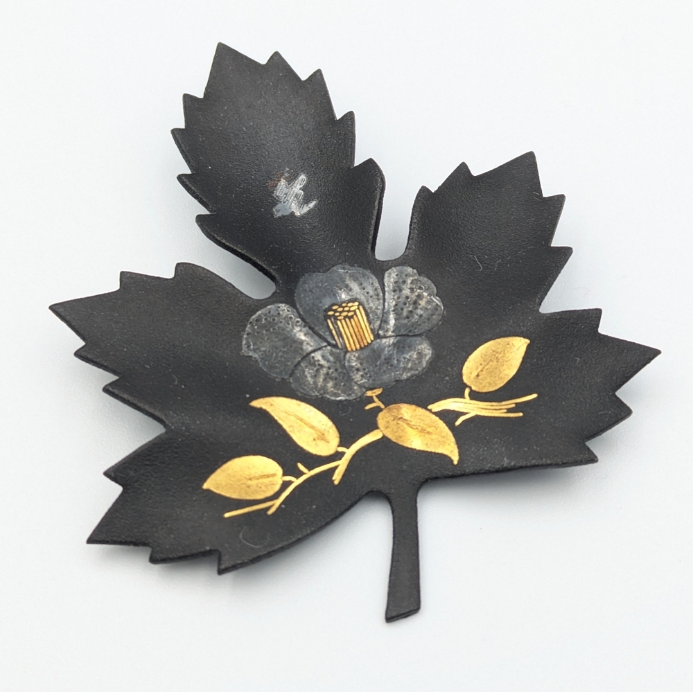 Vintage Amita Japanese Damascene Maple Leaf Brooch Pin Floral bird - Picture 4 of 8